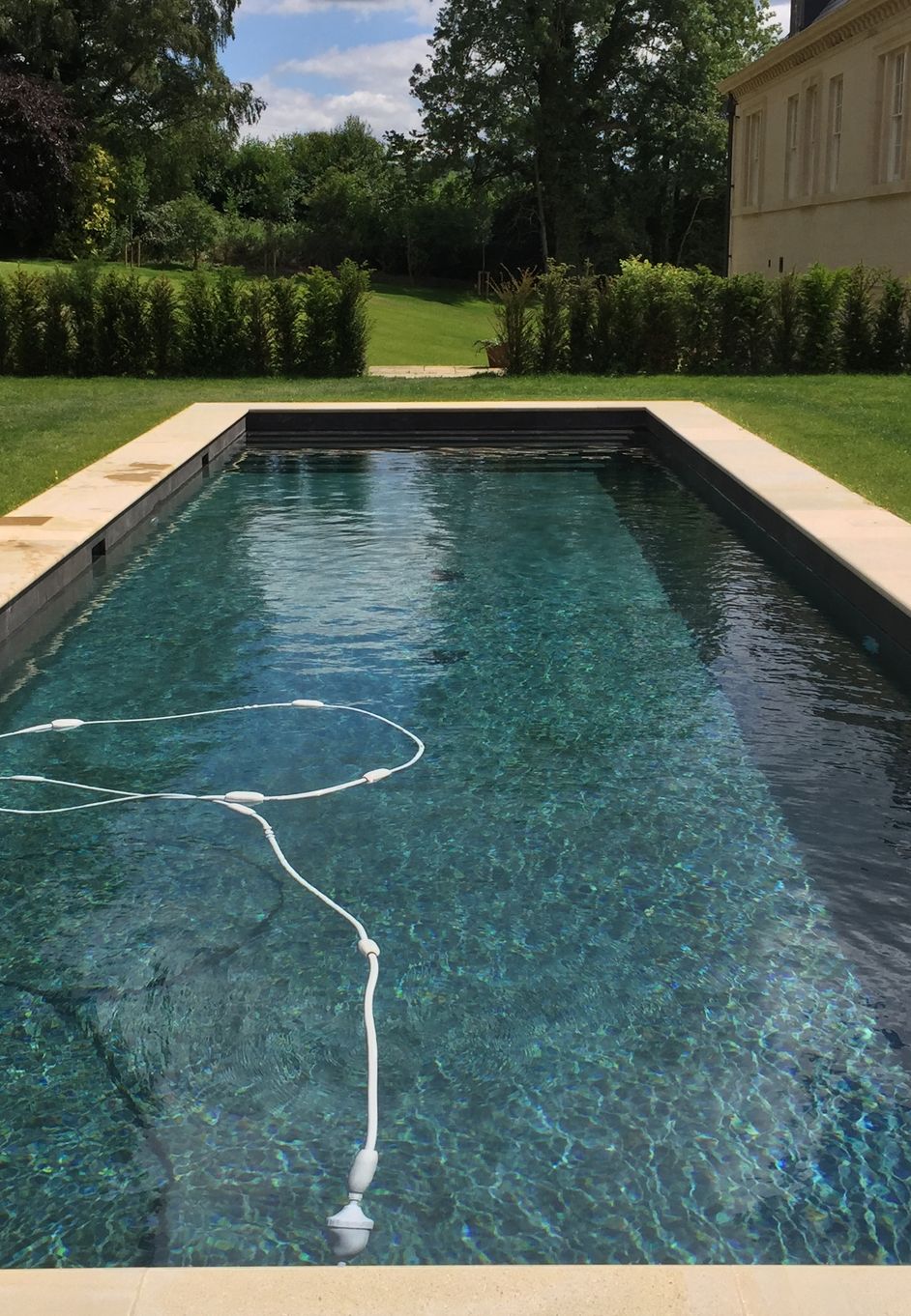 A lucious blue pool behind green shrubury